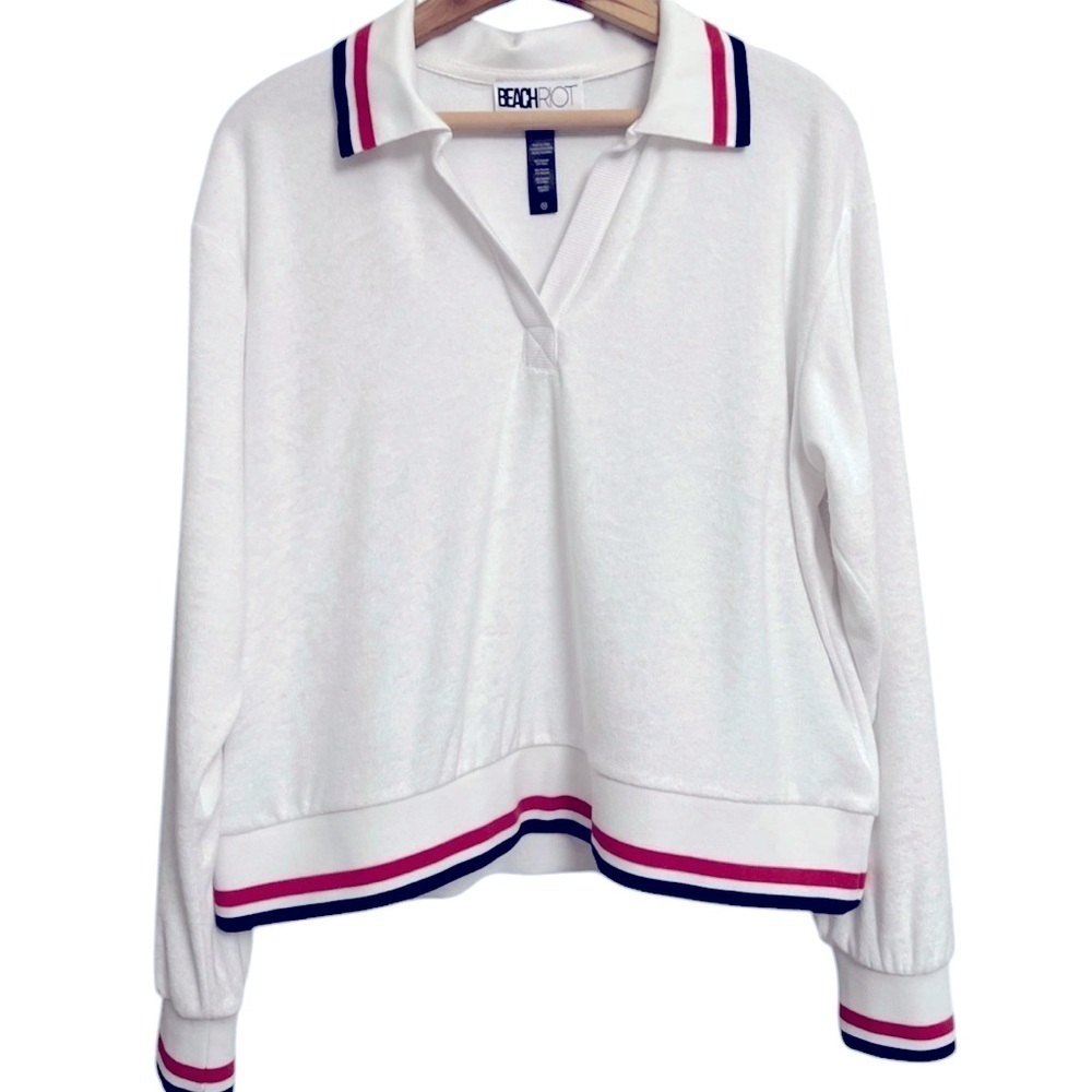 Beach Riot White Long Sleeve Terry Polo with Striped Trim - Picture 3 of 4